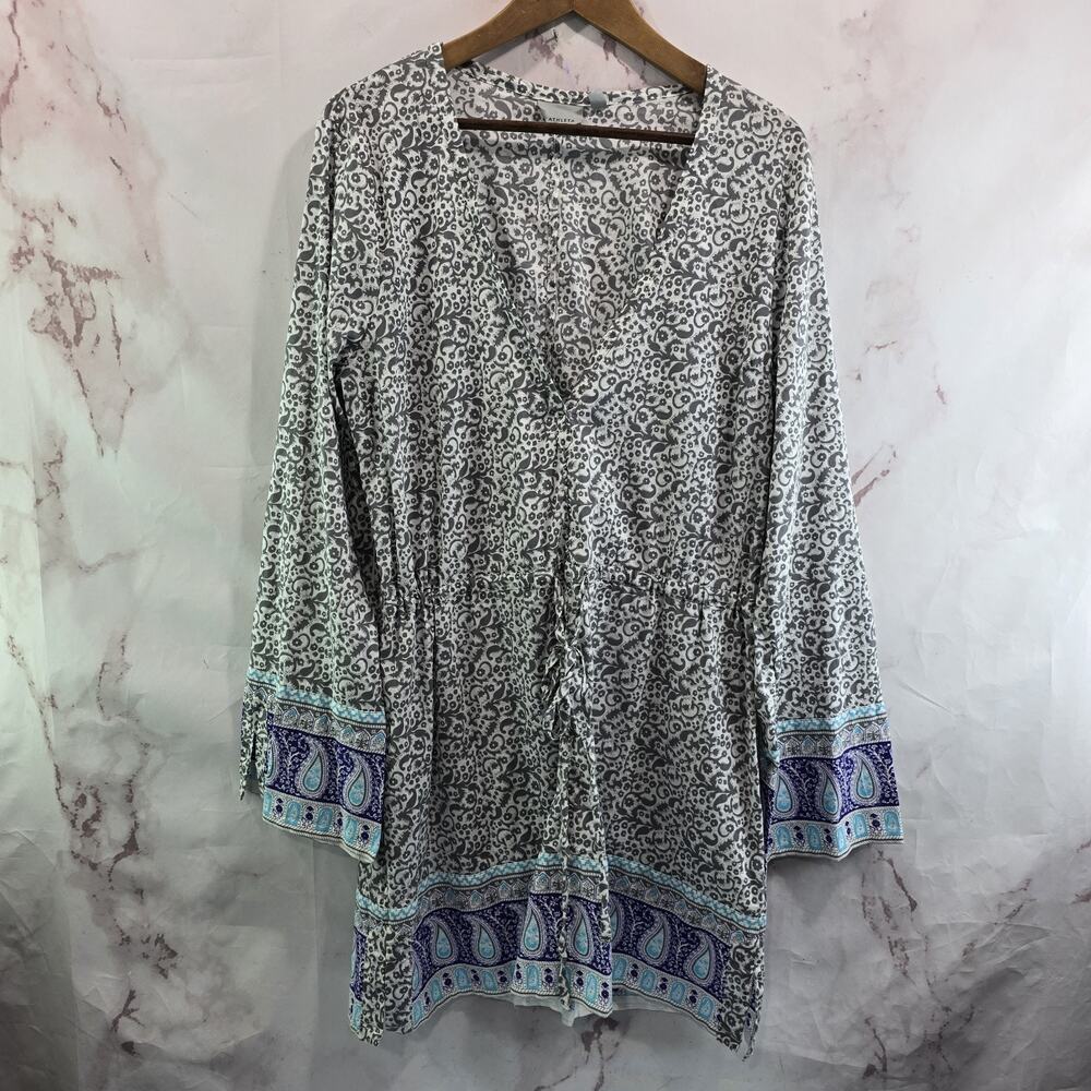 Athleta Swim Cover Up Women Large Gray V Neck Long Sleeve Tunic Dress Laguna